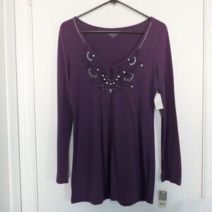 NWT Y2K Massini purple v-neck long sleeve crystal embellished tunic size M